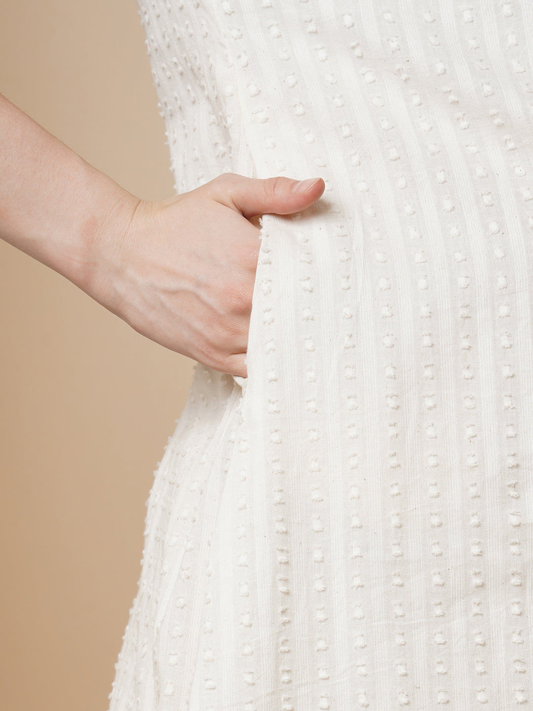 Solid Bold Floral Threadwork Cotton Dobby A-Line Pleated Kurta with Pant - White