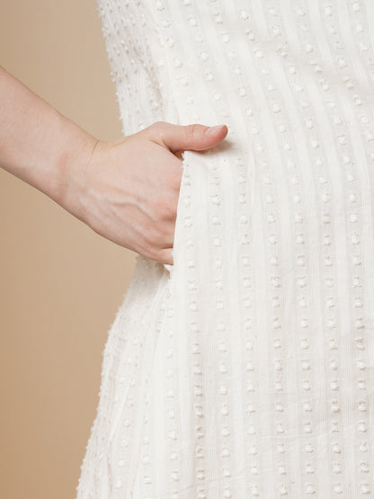 Solid Bold Floral Threadwork Cotton Dobby A-Line Pleated Kurta with Pant - White