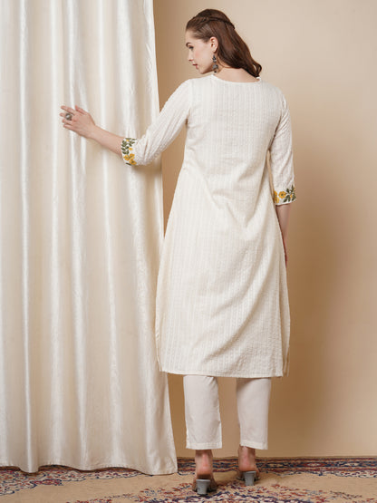 Solid Bold Floral Threadwork Cotton Dobby A-Line Pleated Kurta with Pant - White