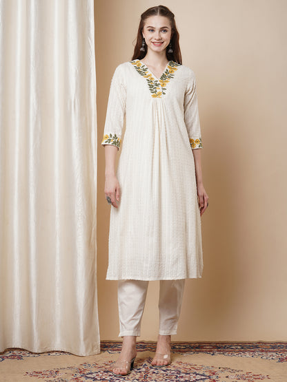 Solid Bold Floral Threadwork Cotton Dobby A-Line Pleated Kurta with Pant - White