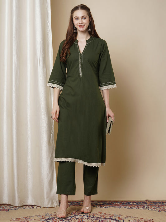 Solid Kantha Hand Embroidered Straight Fit Co-ord Set - Olive