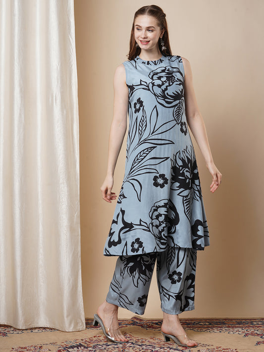 Abstract Floral Printed A-Line Flared Co-ord Set - Blue