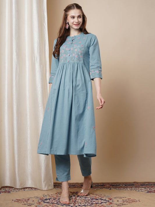 Solid Ethnic Floral Resham Embroidered A-Line Pleated Co-ord Set - Blue