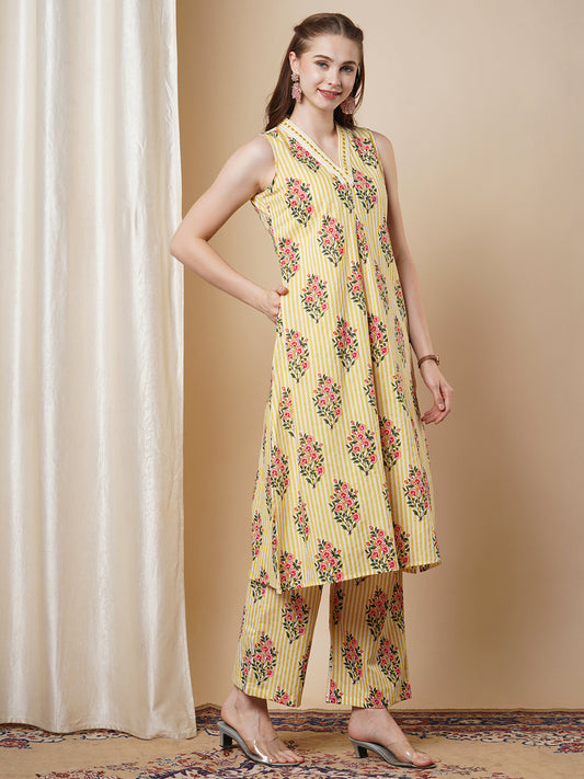 Floral & Stripes Printed & Embroidered A-Line Pleated Co-ord Set - Yellow