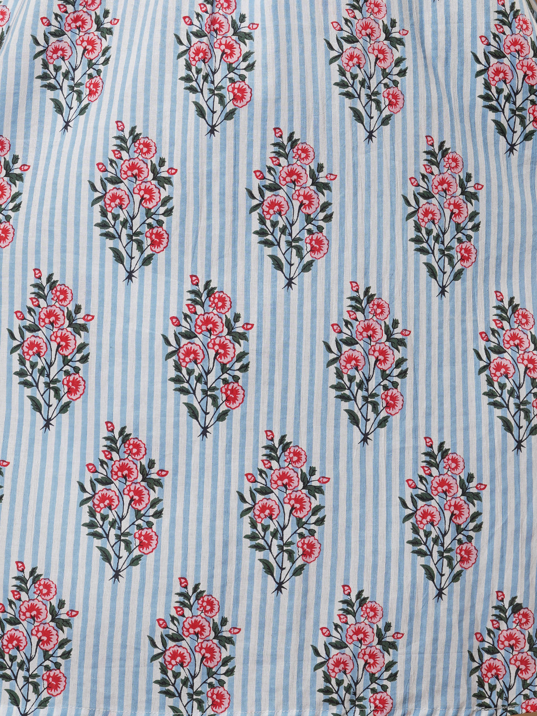 Floral & Stripes Printed & Embroidered A-Line Pleated Co-ord Set - Blue