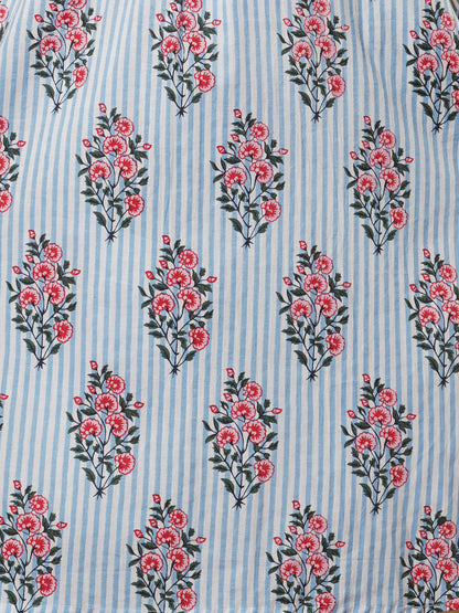 Floral & Stripes Printed & Embroidered A-Line Pleated Co-ord Set - Blue