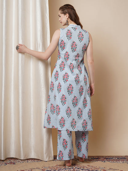 Floral & Stripes Printed & Embroidered A-Line Pleated Co-ord Set - Blue