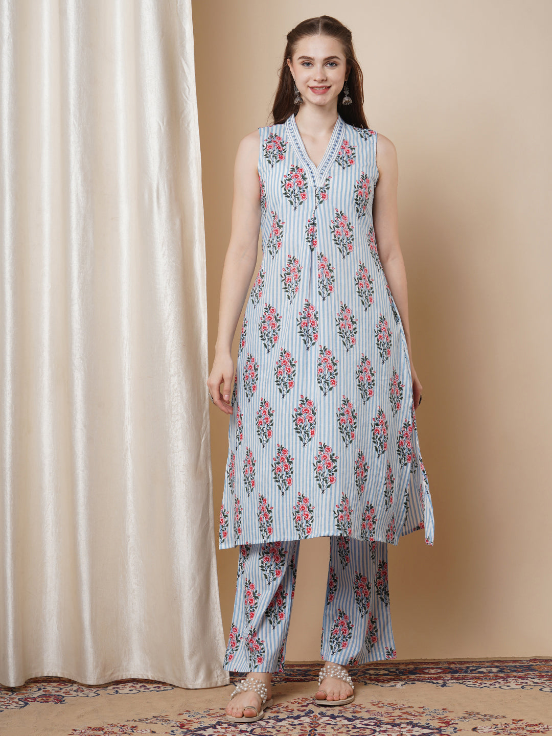 Floral & Stripes Printed & Embroidered A-Line Pleated Co-ord Set - Blue