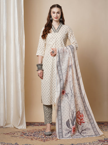 Floral & Polka Dot Printed Straight Fit Kurta & Pant with Dupatta - Off White