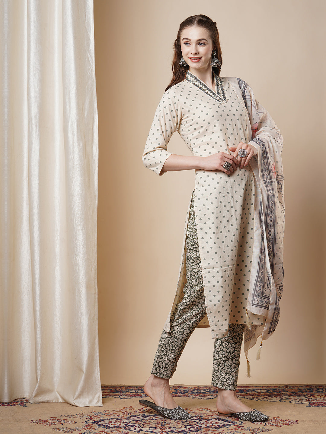 Floral & Polka Dot Printed Straight Fit Kurta & Pant with Dupatta - Off White