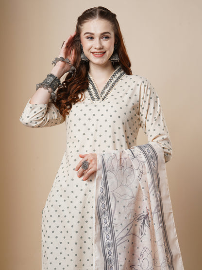 Floral & Polka Dot Printed Straight Fit Kurta & Pant with Dupatta - Off White