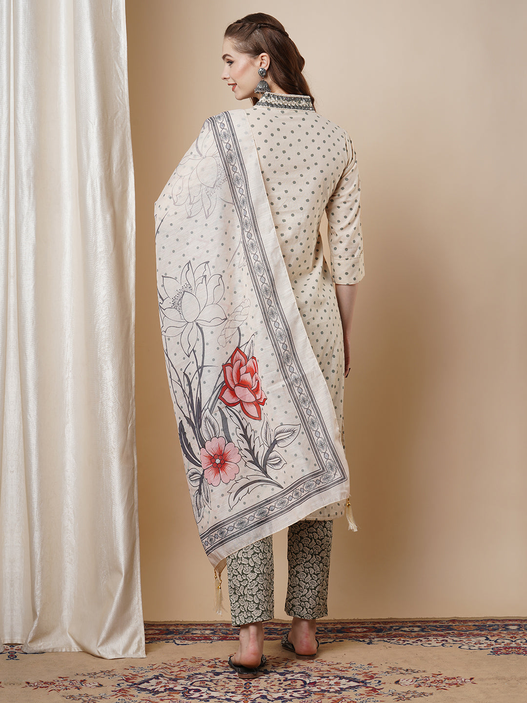 Floral & Polka Dot Printed Straight Fit Kurta & Pant with Dupatta - Off White