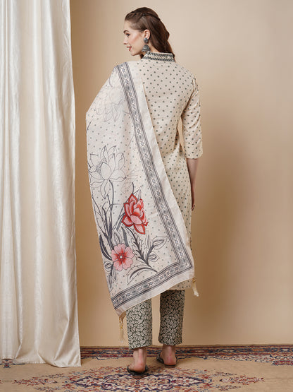 Floral & Polka Dot Printed Straight Fit Kurta & Pant with Dupatta - Off White