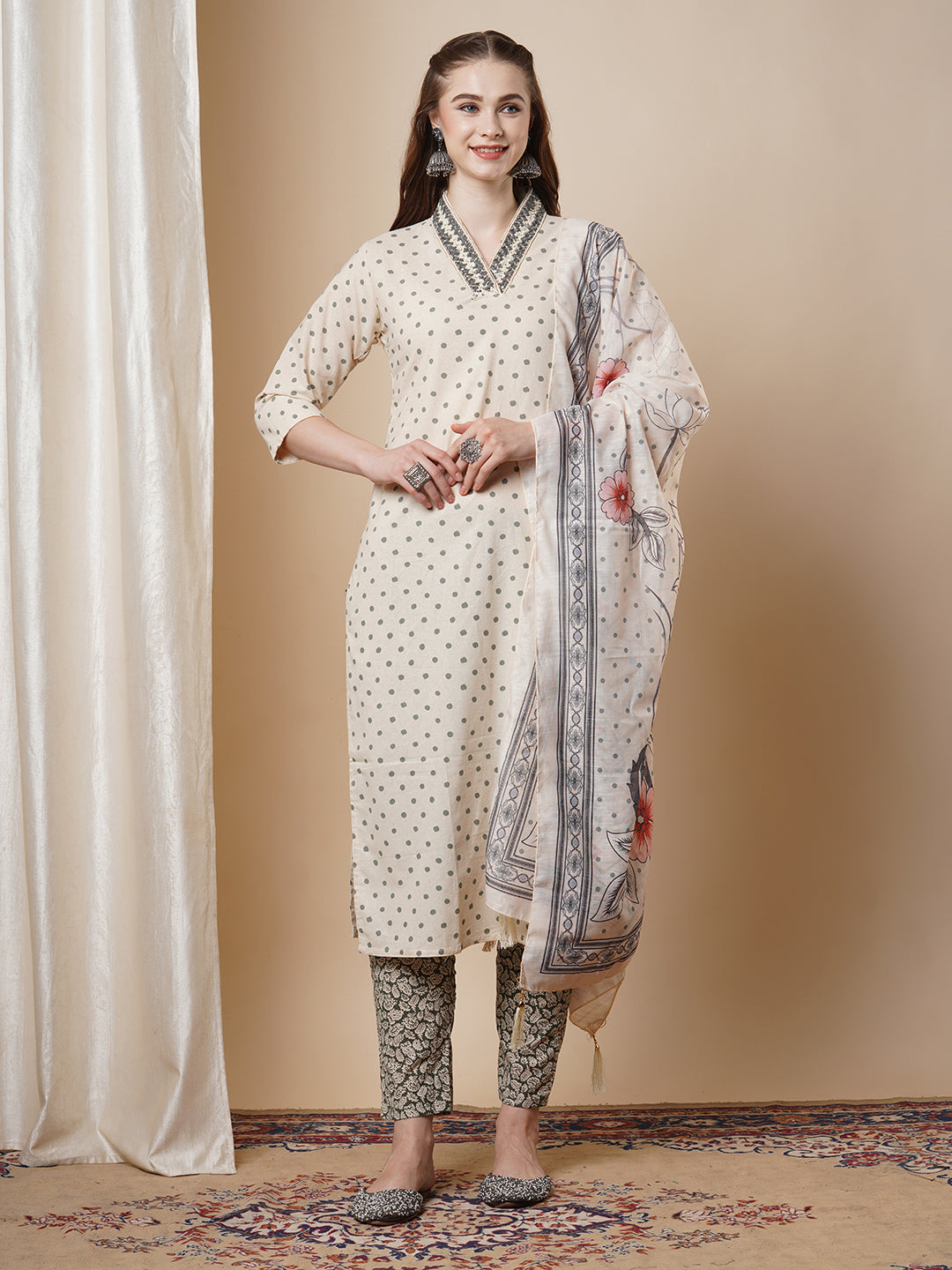 Floral & Polka Dot Printed Straight Fit Kurta & Pant with Dupatta - Off White