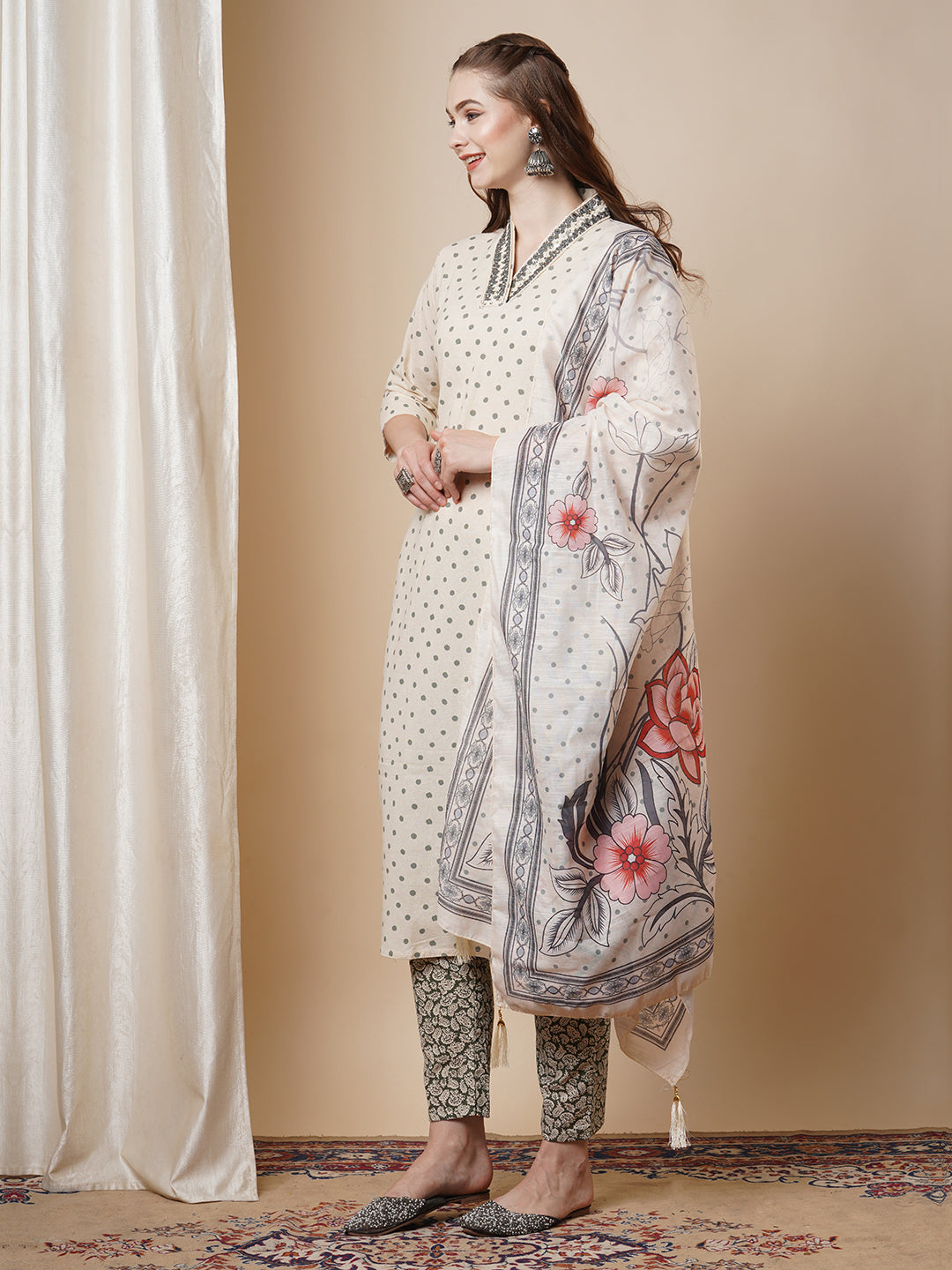 Floral & Polka Dot Printed Straight Fit Kurta & Pant with Dupatta - Off White