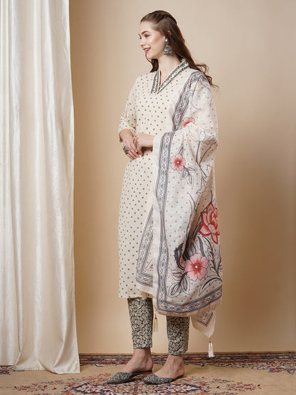 Floral & Polka Dot Printed Straight Fit Kurta & Pant with Dupatta - Off White