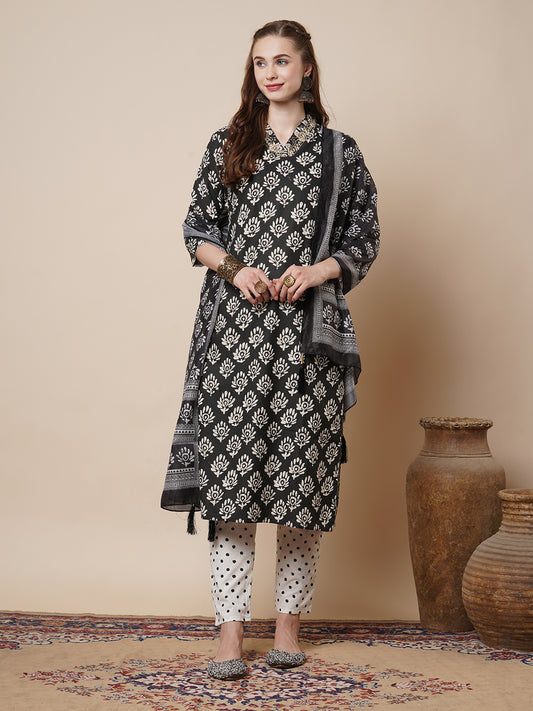 Ethnic Printed Embroidered Straight Fit Kurta with Pant and Pure Cotton Dupatta - Black
