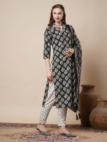 Ethnic Printed Embroidered Straight Fit Kurta with Pant and Pure Cotton Dupatta - Black