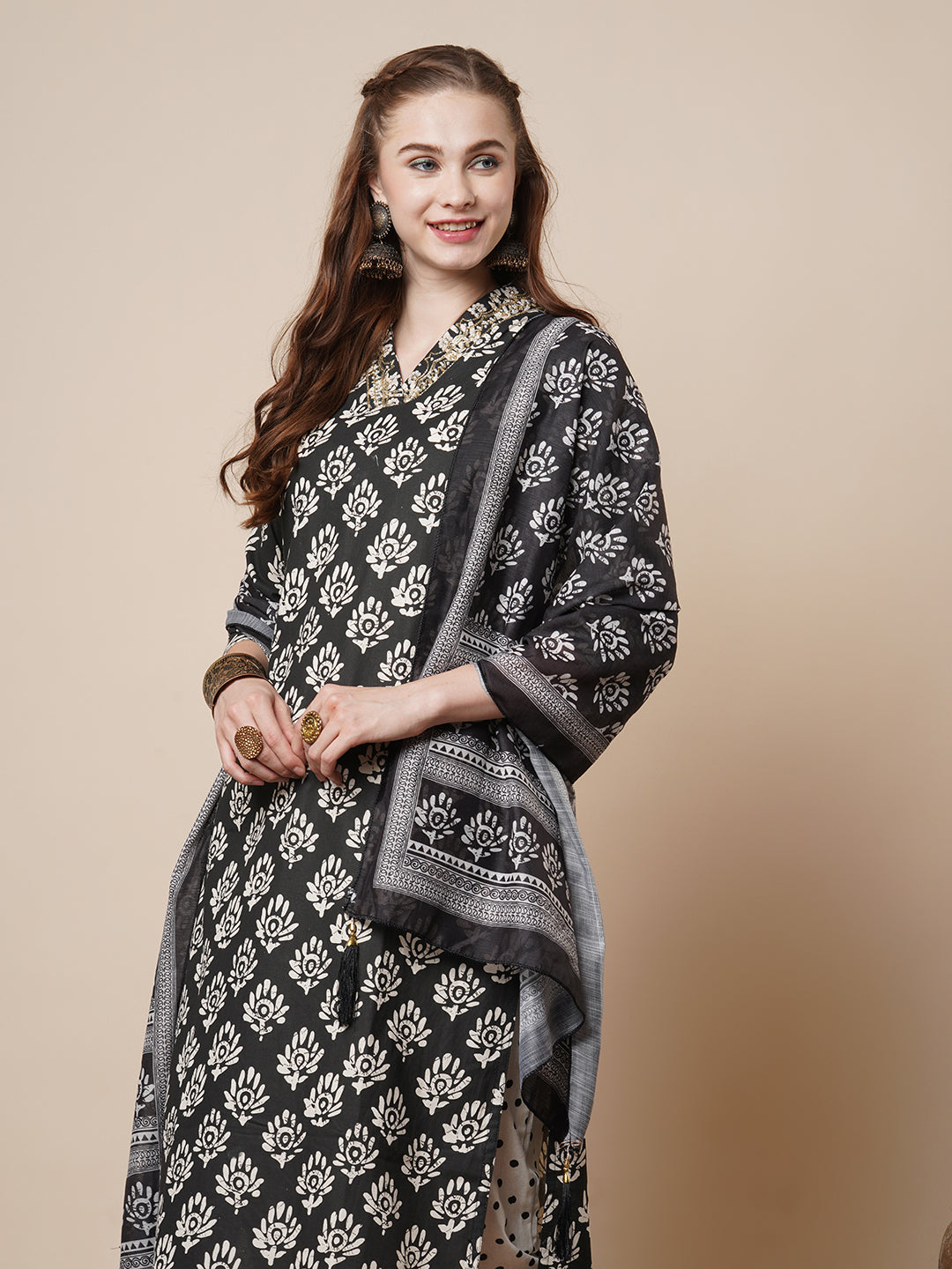 Ethnic Printed Embroidered Straight Fit Kurta with Pant and Pure Cotton Dupatta - Black