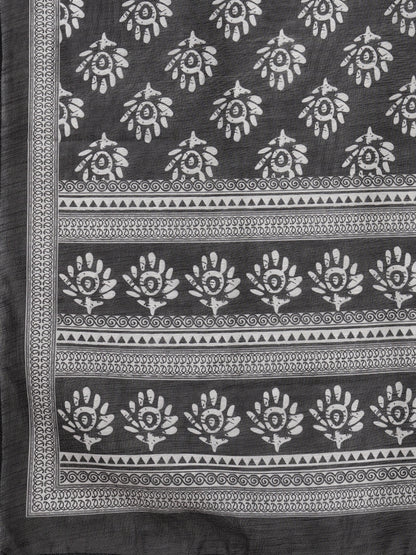 Ethnic Printed Embroidered Straight Fit Kurta with Pant and Pure Cotton Dupatta - Black