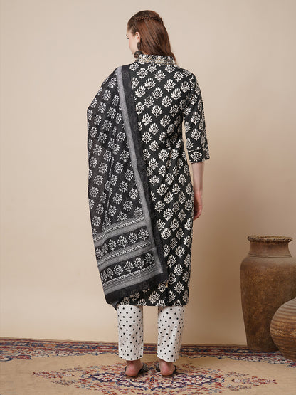 Ethnic Printed Embroidered Straight Fit Kurta with Pant and Pure Cotton Dupatta - Black