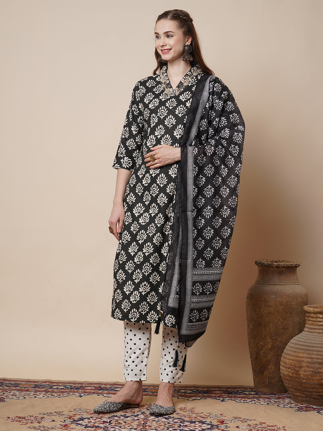 Ethnic Printed Embroidered Straight Fit Kurta with Pant and Pure Cotton Dupatta - Black
