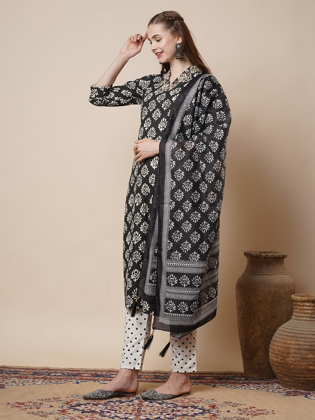 Ethnic Printed Embroidered Straight Fit Kurta with Pant and Pure Cotton Dupatta - Black