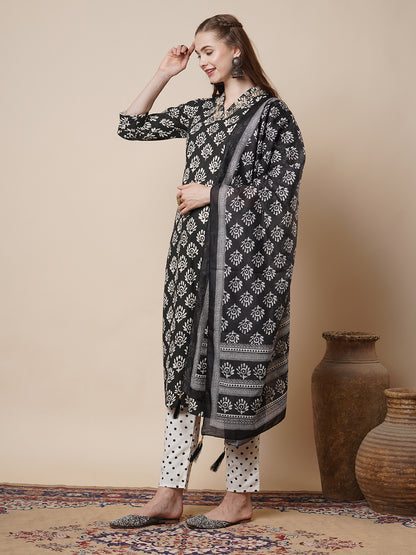 Ethnic Printed Embroidered Straight Fit Kurta with Pant and Pure Cotton Dupatta - Black