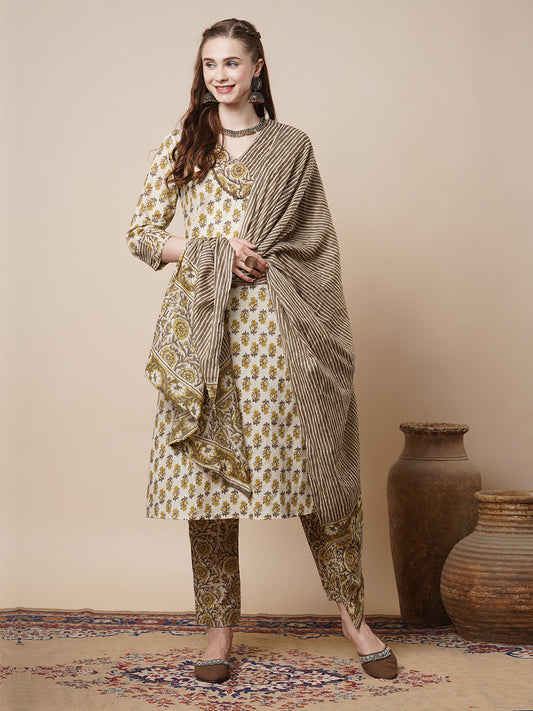Ethnic Dabu Printed A-Line Flared Kurta with Pant & Pure Cotton Dupatta - Cream