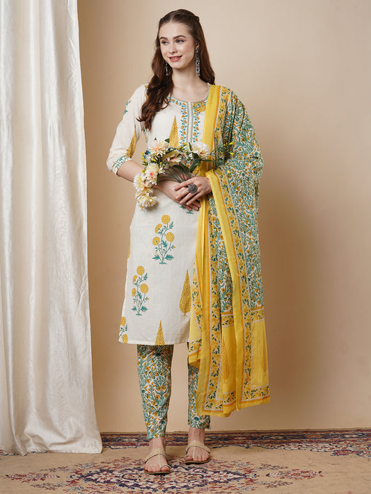 Ethnic Floral Printed & Embroidered Straight Fit Kurta with Pant and Dupatta - White