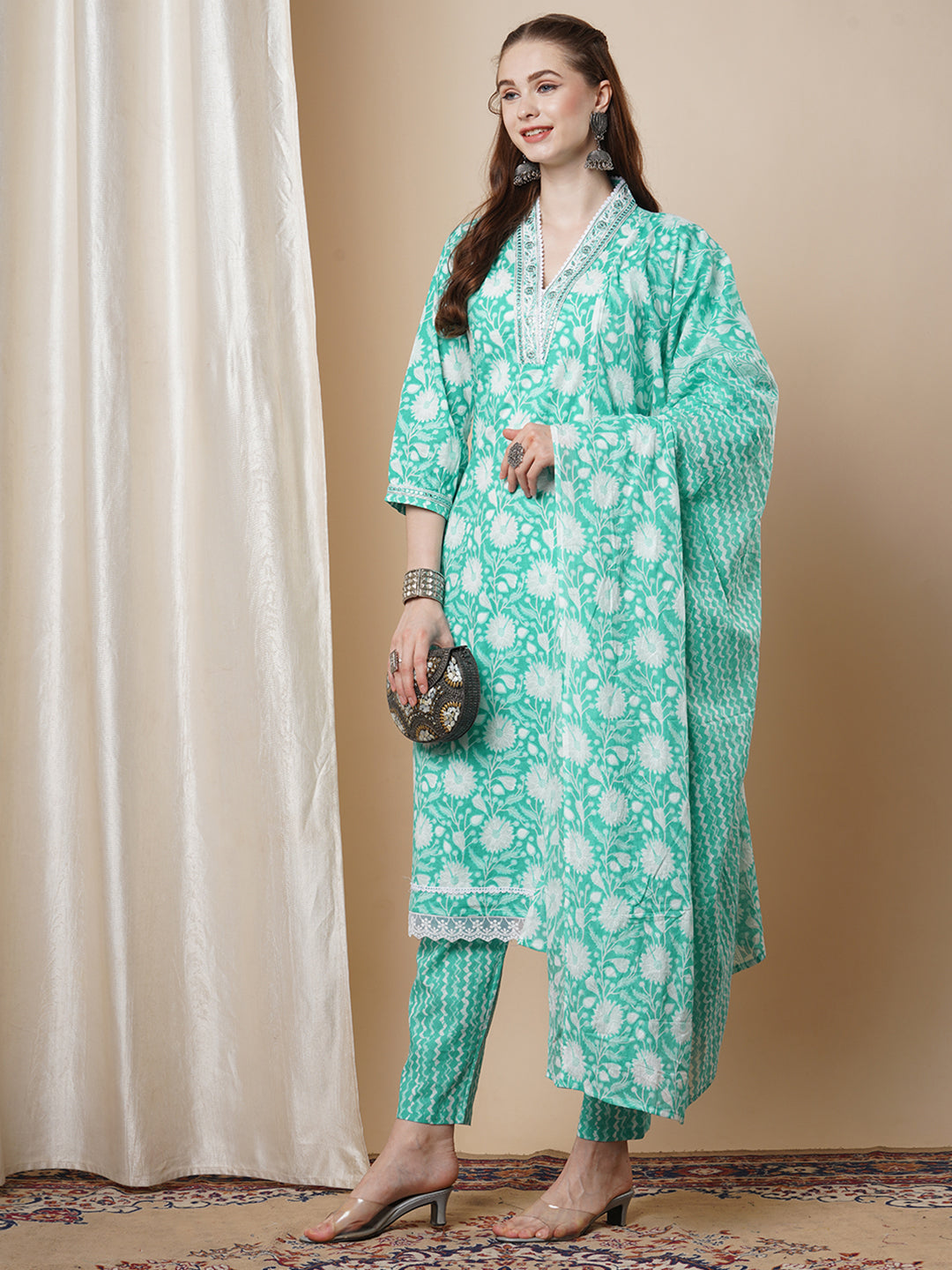 Ethnic Floral Printed Embroidered A-Line Kurta with Pant and Dupatta - Mint Green