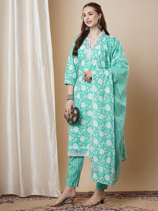 Ethnic Floral Printed Embroidered A-Line Kurta with Pant and Dupatta - Mint Green
