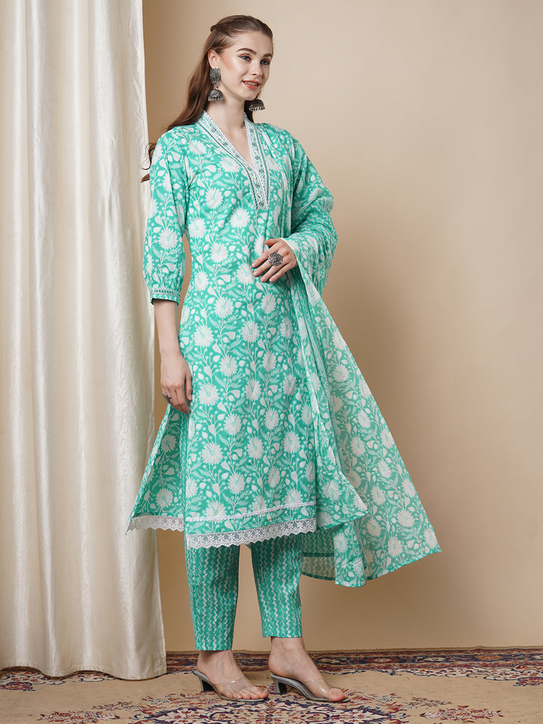 Ethnic Floral Printed Embroidered A-Line Kurta with Pant and Dupatta - Mint Green