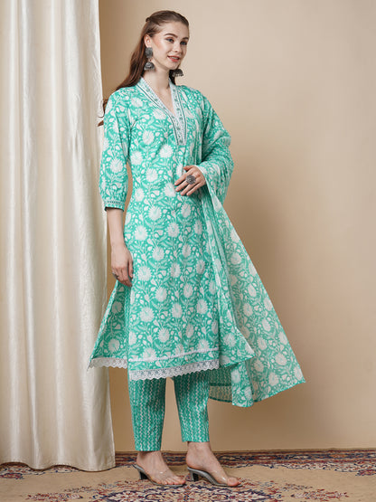 Ethnic Floral Printed Embroidered A-Line Kurta with Pant and Dupatta - Mint Green