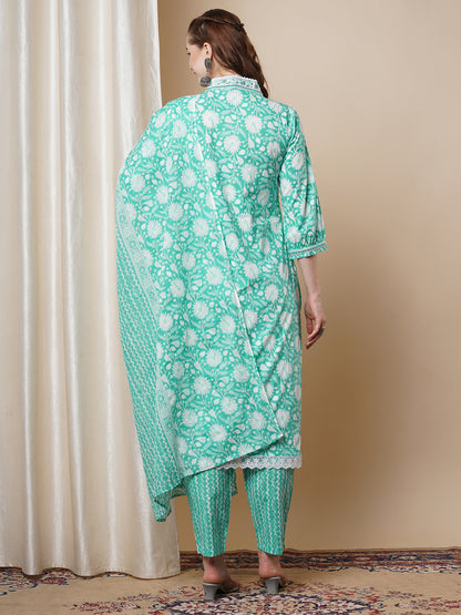 Ethnic Floral Printed Embroidered A-Line Kurta with Pant and Dupatta - Mint Green