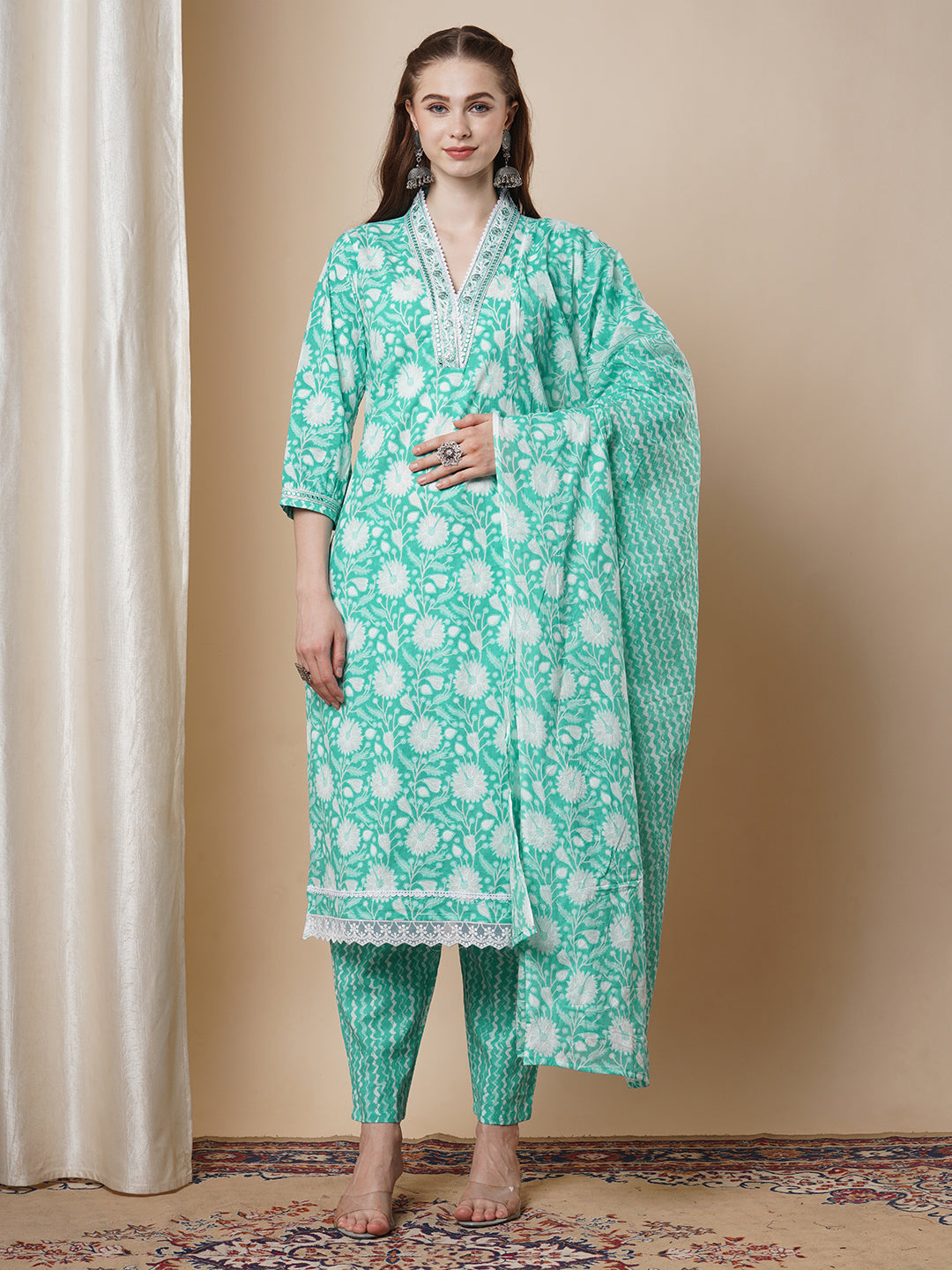 Ethnic Floral Printed Embroidered A-Line Kurta with Pant and Dupatta - Mint Green