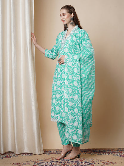 Ethnic Floral Printed Embroidered A-Line Kurta with Pant and Dupatta - Mint Green