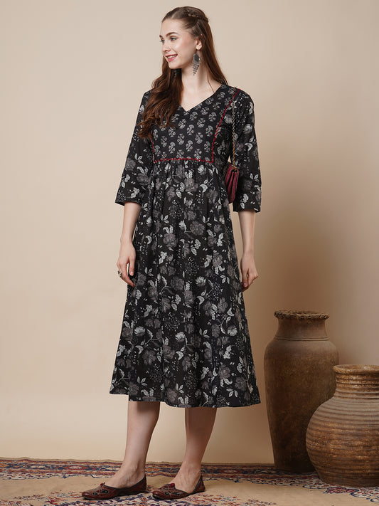 Ethnic Floral Printed Embroidered A-Line Pleated Midi Dress - Black