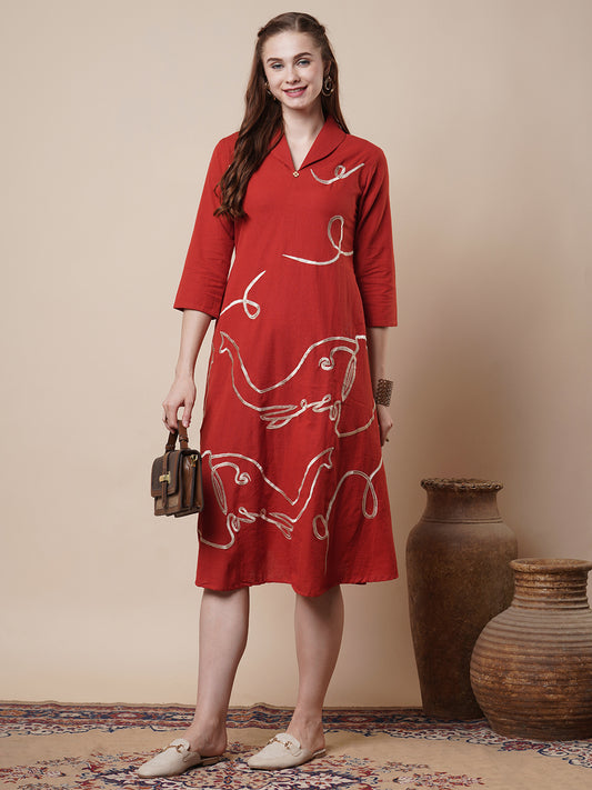 Solid Elephant Threadwork Embroidered A-Line Flared Midi Dress - Rust