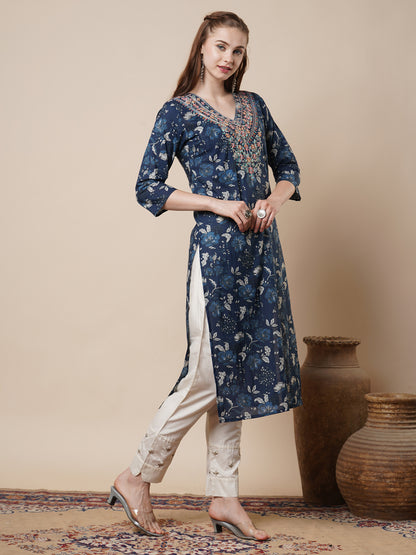 Ethnic & Floral Printed & Sequin Embroidered Straight Fit Kurta - Blue