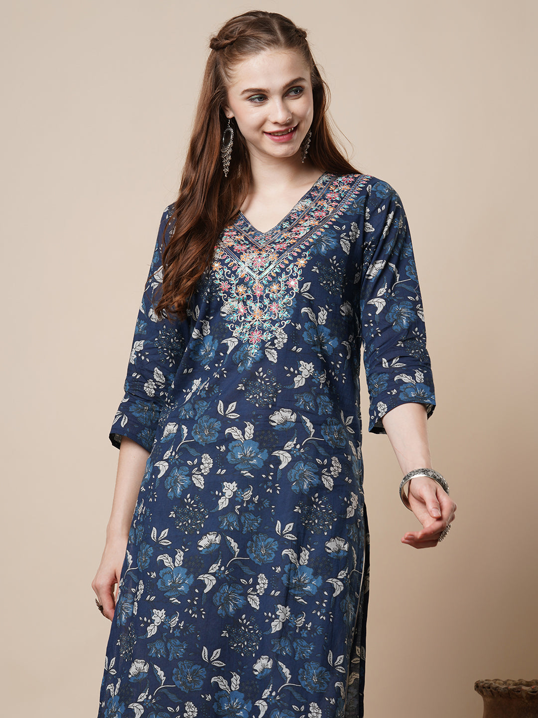 Ethnic & Floral Printed & Sequin Embroidered Straight Fit Kurta - Blue
