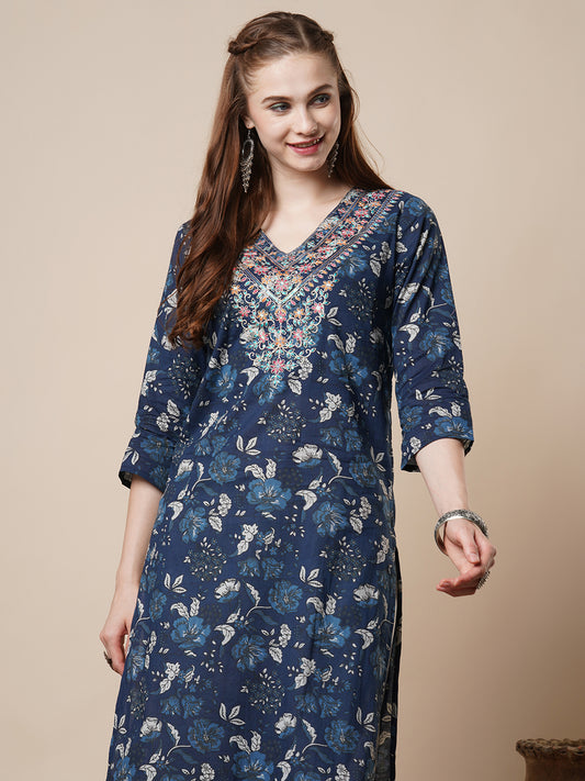 Ethnic & Floral Printed & Sequin Embroidered Straight Fit Kurta - Blue