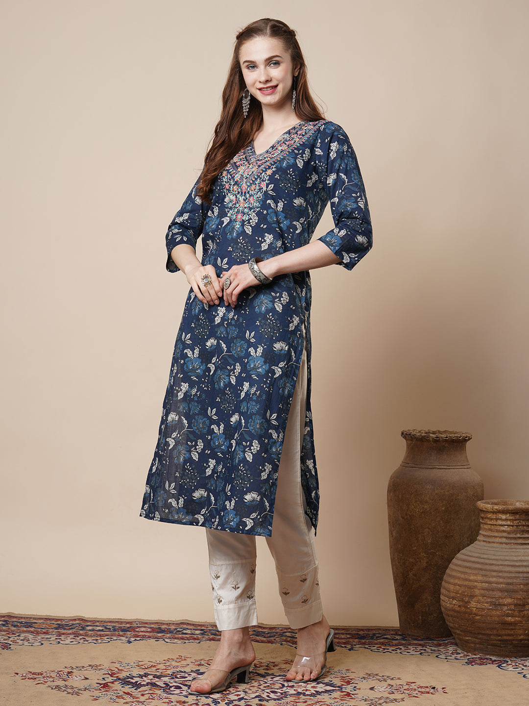 Ethnic & Floral Printed & Sequin Embroidered Straight Fit Kurta - Blue