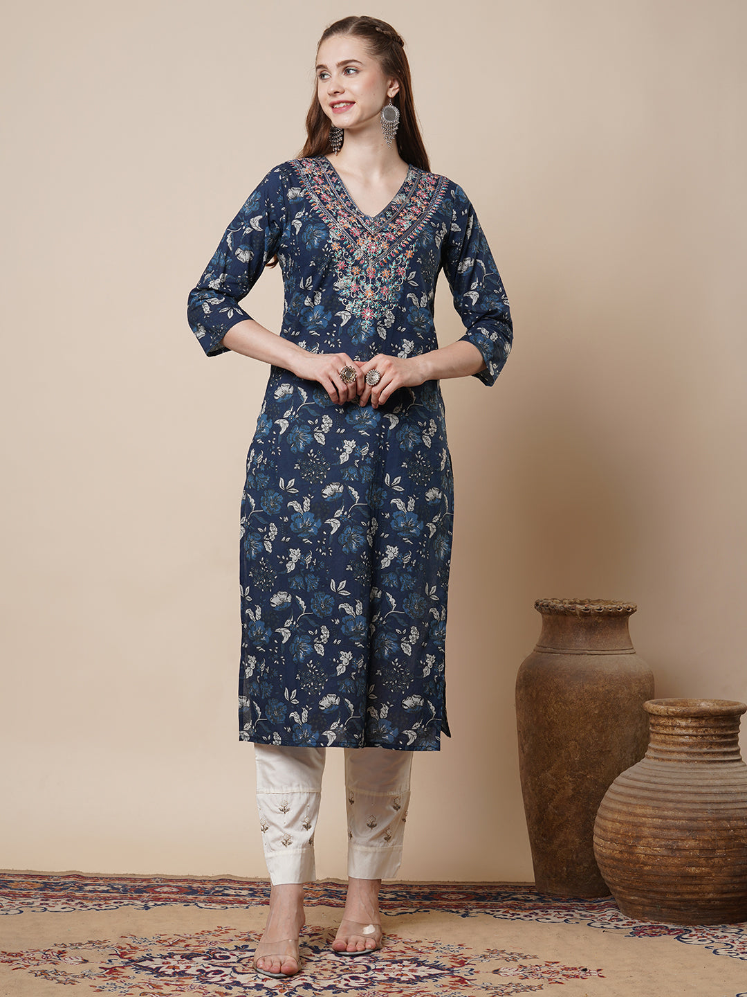 Ethnic & Floral Printed & Sequin Embroidered Straight Fit Kurta - Blue