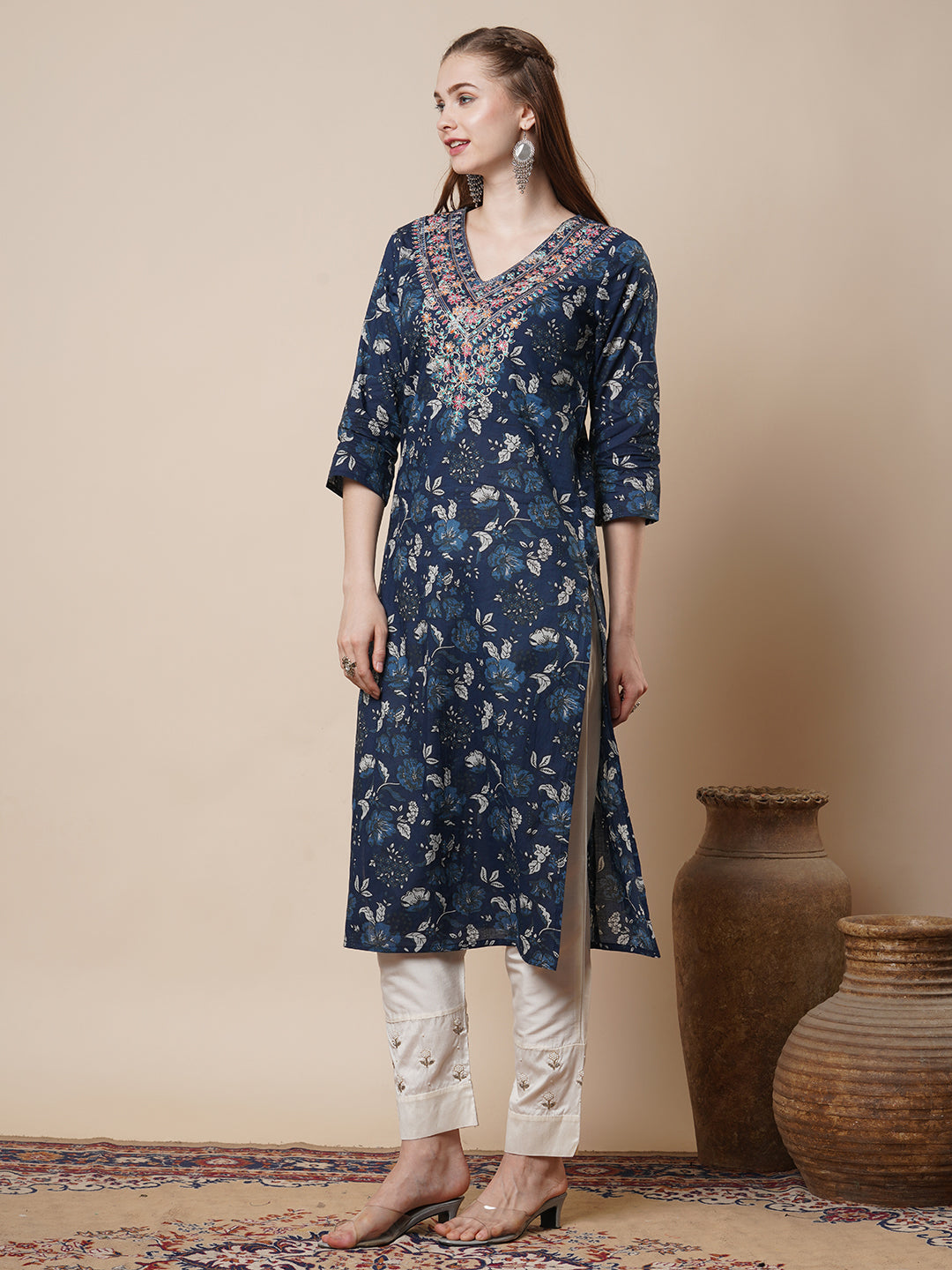 Ethnic & Floral Printed & Sequin Embroidered Straight Fit Kurta - Blue