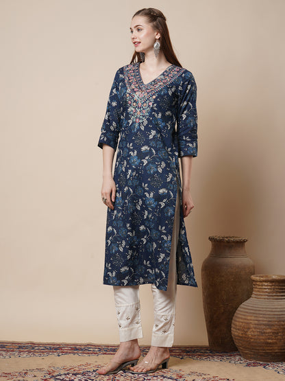 Ethnic & Floral Printed & Sequin Embroidered Straight Fit Kurta - Blue