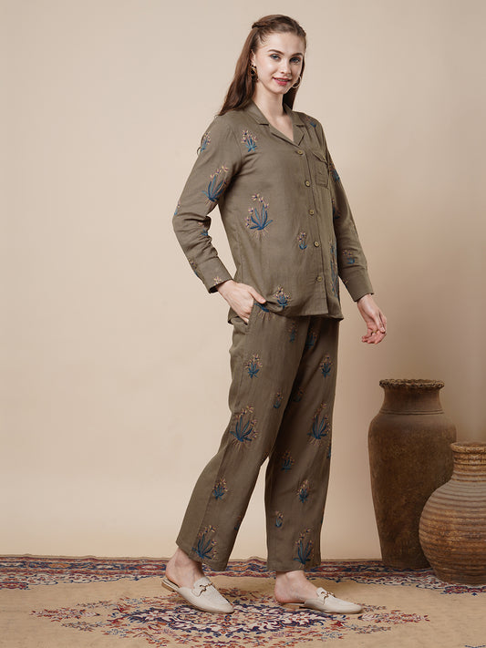 Solid Floral Thread Embroidered Cotton Straight Fit Co-ord Set - Brown
