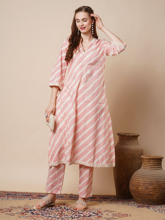 Stripes Printed A-Line Flared Co-ord Set - Pink