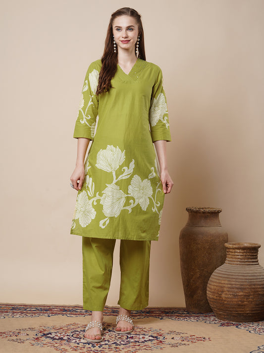 Abstract Floral Printed Straight Fit Co-ord Set - Green