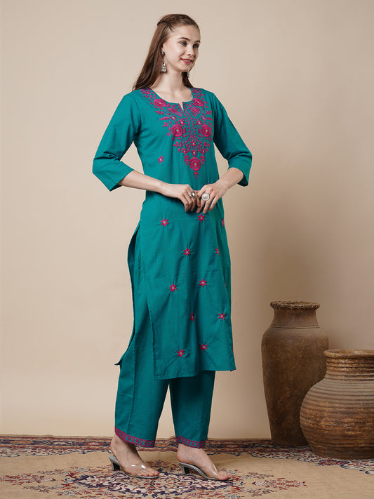 Solid Ethnic Floral Embroidered Straight Fit Co-ord Set - Turquoise Blue